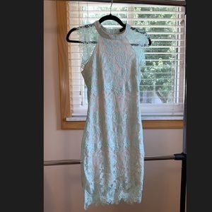 Turquoise and nude lace bodycon midi dress
